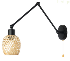 Kinkiet regulowany czarny klosz długi bambus z łańcuszkiem 1xE27