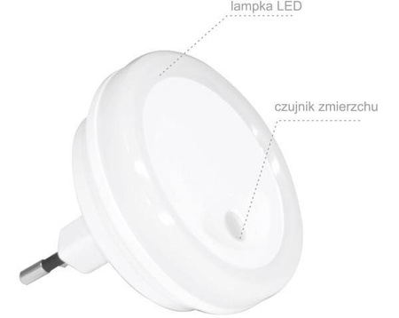 Lampka nocna wtykowa LED 0.4W 4lm z czujnikiem zmierzchu, okrągła