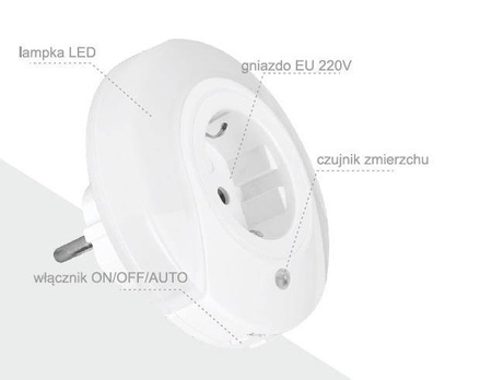 Lampka nocna wtykowa LED 0.4W 15lm z czujnikiem zmierzchu i gniazdem 220V EU