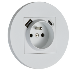 Gniazdo z bolcem + USB + USBC podtynkowe okrągłe metalowe TOGGLICA ROUND biały mat
