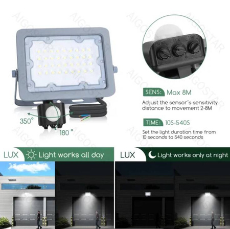 Naświetlacz LED z czujnikiem soczewkowym 30W 2450lm 6500K IP65