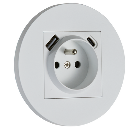 Gniazdo z bolcem + USB + USBC podtynkowe okrągłe metalowe TOGGLICA ROUND biały mat