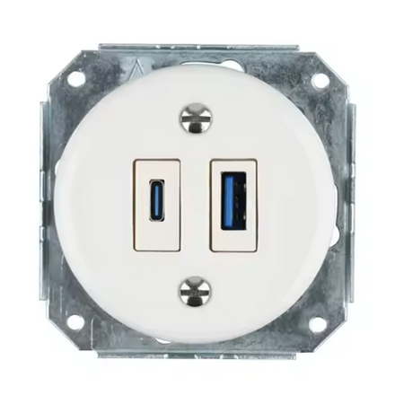 Gniazdo ceramiczne podtynkowe USB + C białe retro bez ramki