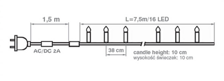 Lampki choinkowe Świeczki LED wewnętrzne 16 LED 7,5mb IP20 białe ciepłe