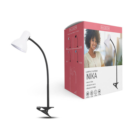 Lampka E27 Nika z klipsem biała 1xE27