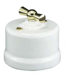 Włącznik ceramiczny obrotowy natynkowy podwójny biały ze złotym pokrętłem