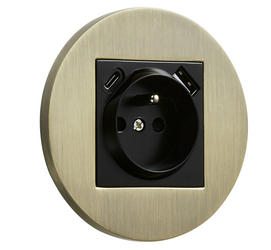 Gniazdo z bolcem + USB + USBC podtynkowe okrągłe metalowe TOGGLICA ROUND patyna szczotkowana