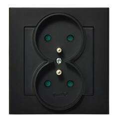 Gniazdo podwójne z uziemieniem z przesłonami torów prądowych, kompletne z ramką Ospel Sonata Czarny Metalik