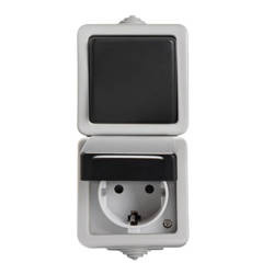 Włącznik pojedynczy natynkowy z gniazdem zasilającym TEKNO IP54 szary