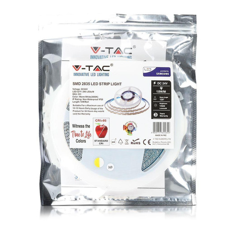 Taśma LED V-TAC SAMSUNG CHIP 2835 1200LED 24V IP20 CRI95+ 10mb 18W/m VT-10-240-1 6000K 1500lm 3 Lata Gwarancji
