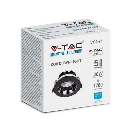 Oprawa Downlight V-TAC SAMSUNG CHIP 20W Czarna Uchylna VT-2-13 4000K 1780lm 5 Lat Gwarancji
