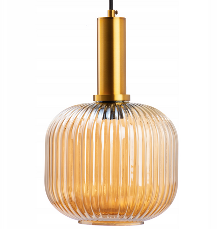 Szklana Lampa wisząca karbowana Retro bursztynowa 20cm złota