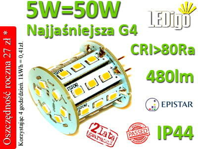 Żarówka LED G4 5W=50W Zimna