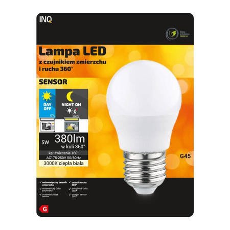 Żarówka LED E27 G45 5W ciepła 3000K z czujnikiem zmierzchu i ruchu 