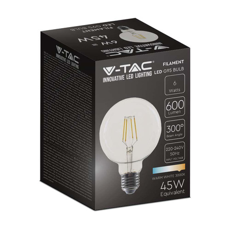 Żarówka LED V-TAC 6W Filament E27 Kula Glob G95 VT-1993 3000K 600lm