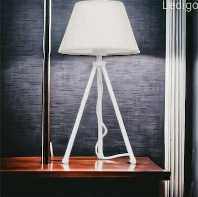 Lampa stołowa biała NEPTUN Mini z lnianym abażurem Karo i włącznikiem