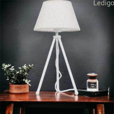 Lampa stołowa biała NEPTUN Mini z lnianym abażurem Karo i włącznikiem