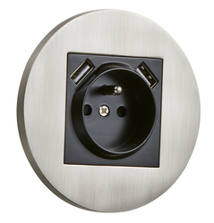 Gniazdo z bolcem + 2xUSB podtynkowe okrągłe metalowe TOGGLICA ROUND nikiel szczotkowany