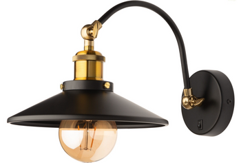 Kinkiet metalowy Retro na łuku czarno złoty płaski z włącznikiem