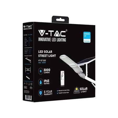 Oprawa Uliczna LED Solarna V-TAC SAMSUNG CHIP 50W Biała IP65 LiFePo4 VT-ST303 4000K 3000lm 3 Lata Gwarancji