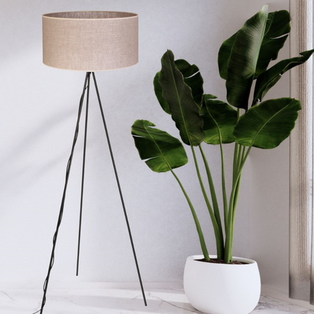 Lampa podłogowa NEPTUN trójnóg z abażurem walec len