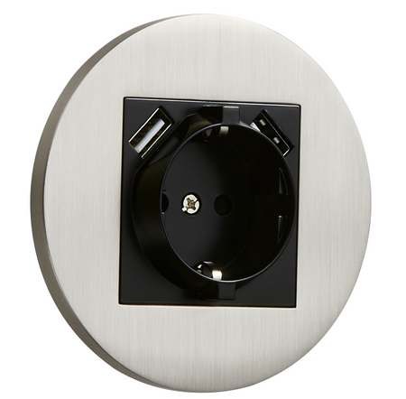 Gniazdo Schuko + 2xUSB podtynkowe okrągłe metalowe TOGGLICA ROUND nikiel szczotkowany
