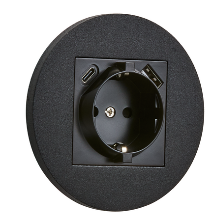 Gniazdo schuko podtynkowe okrągłe metalowe + USB+USBC  TOGGLICA ROUND czarny mat 