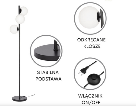 Lampa stojąca podłogowa black białe kule  3xE27 MILANO