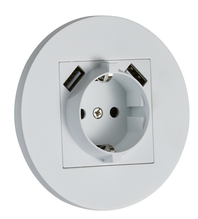 Gniazdo Schuko + 2xUSB podtynkowe okrągłe metalowe TOGGLICA ROUND biały mat