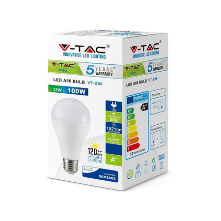 Żarówka LED V-TAC SAMSUNG CHIP 12W E27 A65 VT-295 6400K 1521lm 5 Lat Gwarancji