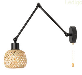 Kinkiet regulowany czarny klosz bambus z łańcuszkiem 1xE27