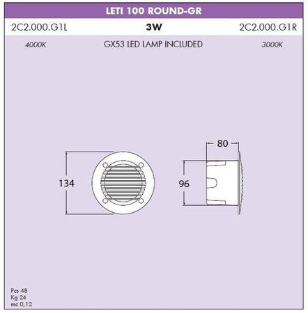 Oprawa elewacyjna ścienna LETI 100 ROUND-GR wpuszczana szara Y LED GX53 3W 3000K