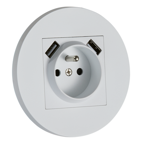 Gniazdo z bolcem + 2xUSB podtynkowe okrągłe metalowe TOGGLICA ROUND biały mat