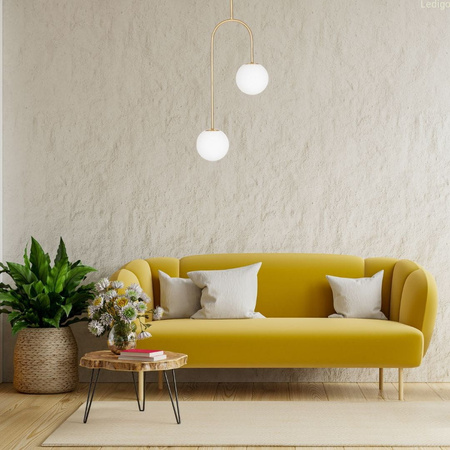 Lampa wisząca złota Milano Arco podwójna mleczne kule 2xE14