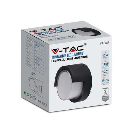 Oprawa Ścienna V-TAC 12W LED IP65 Czarna Okrągła VT-827 3000K 1155lm