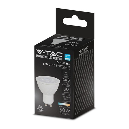 Żarówka LED V-TAC SAMSUNG CHIP 6W GU10 38st Ściemnialna VT-227 4000K 445lm 5 Lat Gwarancji