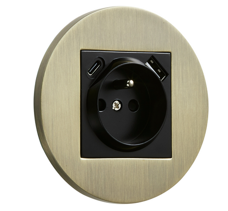 Gniazdo z bolcem + USB + USBC podtynkowe okrągłe metalowe TOGGLICA ROUND patyna szczotkowana