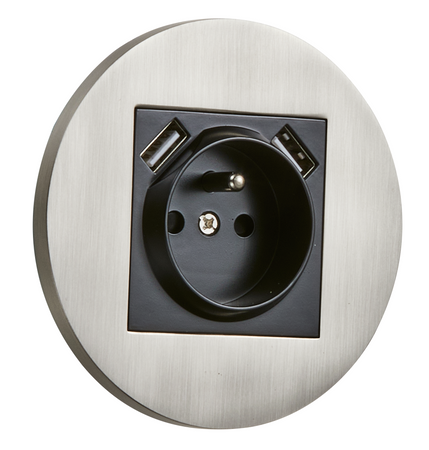 Gniazdo z bolcem + 2xUSB podtynkowe okrągłe metalowe TOGGLICA ROUND nikiel szczotkowany