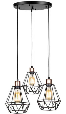 Lampa wisząca loft DIAMENT potrójna na plafonie czarna rose gold