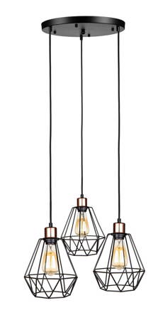 Lampa wisząca loft DIAMENT potrójna na plafonie czarna rose gold